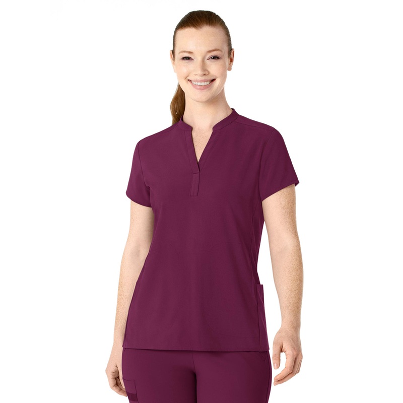 Women's Four-Pocket Mandarin Collar Top - 6734 - Wine