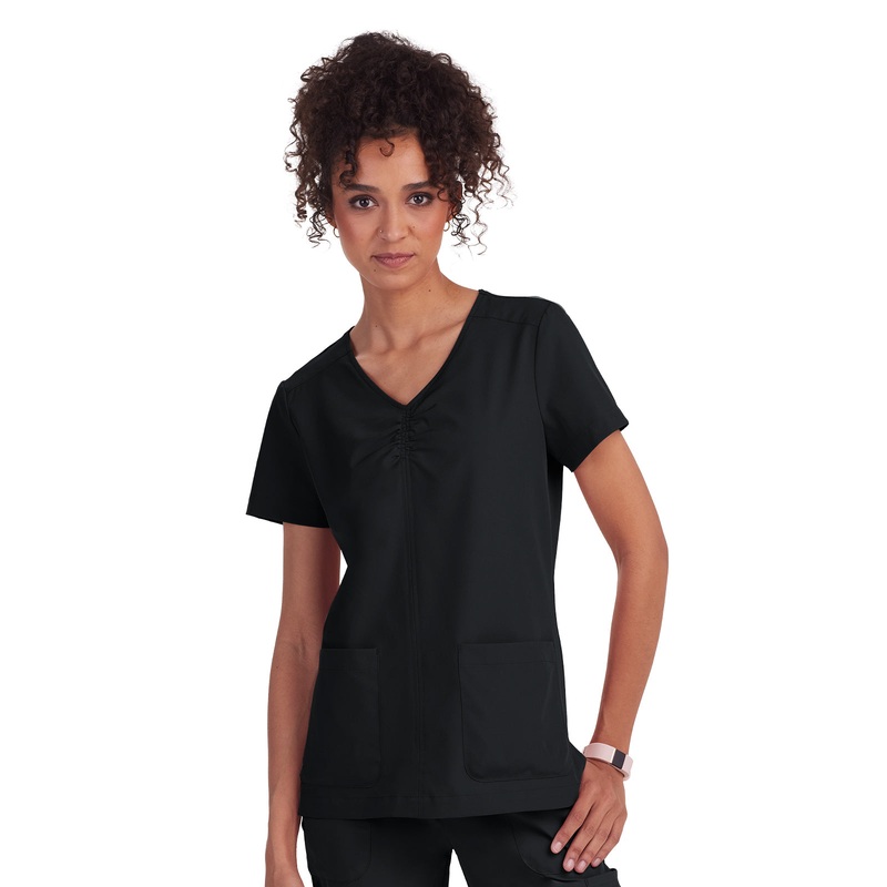 Women's Shirred Chest V-Neck Enik Top - 1121 - Black