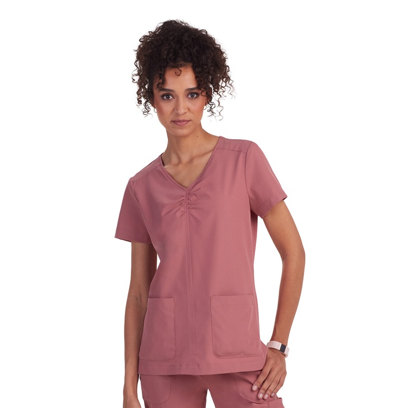 Women's Shirred Chest V-Neck Enik Top - 1121 - Rosewood