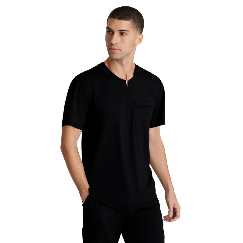 Men's Single Pocket Curved Neck Flex Top - SKT229 - Black