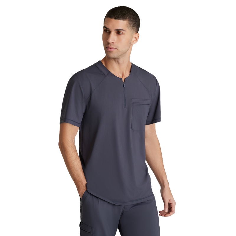 Men's Single Pocket Curved Neck Flex Top - SKT229 - Pewter