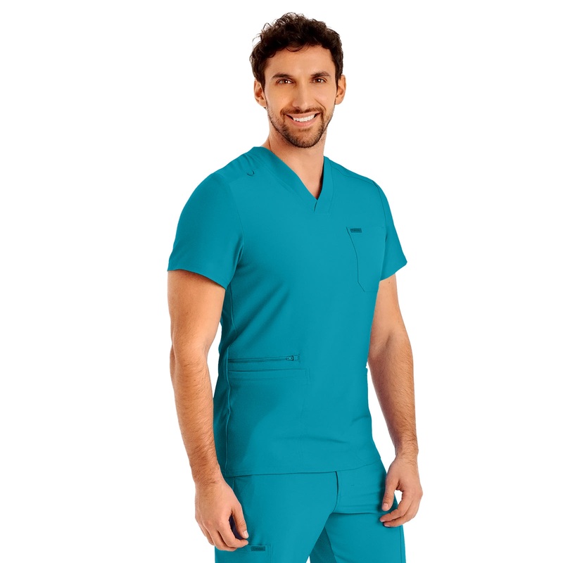 Men's 4-Pocket Back Yoke V-Neck Top - LT110 - Teal