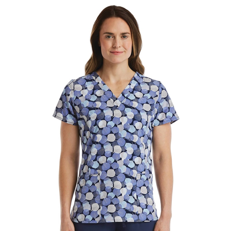 Women's Two-Pocket V-Neck Print Top - SJP1 - Aspen Leaf