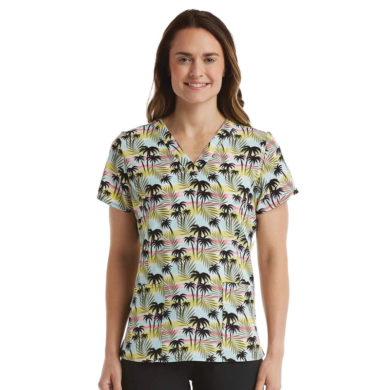 Women's Two-Pocket V-Neck Print Top - SJP1 - Palm Tree