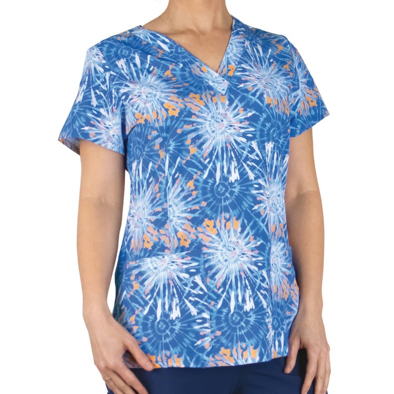 Women's Two-Pocket V-Neck Print Top - SJP1 - Popping Orange