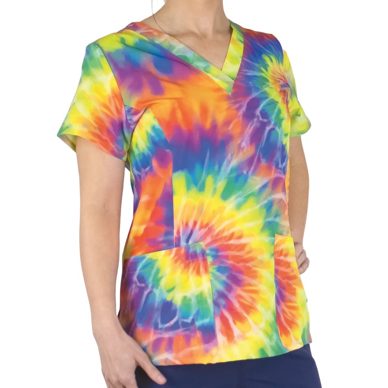 Women's Two-Pocket V-Neck Print Top - SJP1 - Rainbow Tie Dye