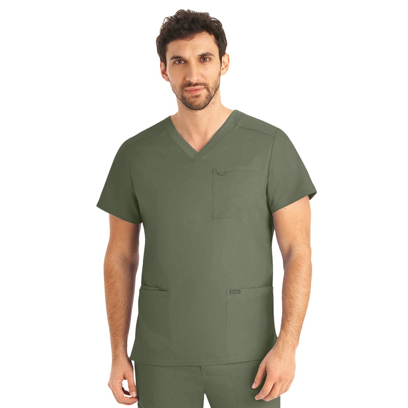 Men's 4-Pocket Back Yoke V-Neck Top - LT109 - Olive Moss