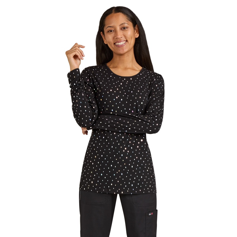 Women's Foil-Printed Crewneck Long Sleeve Underscrub Tee - 167PR - Iridescent Diamond Pattern