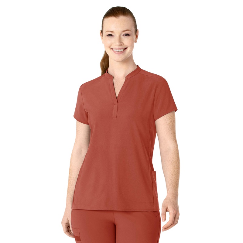 Women's Four-Pocket Mandarin Collar Top - 6734 - Mineral Red