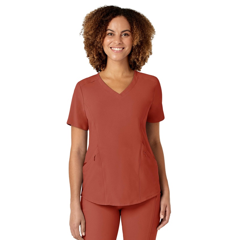 Women's Four-Pocket V-Neck Top - 6134 - Mineral Red