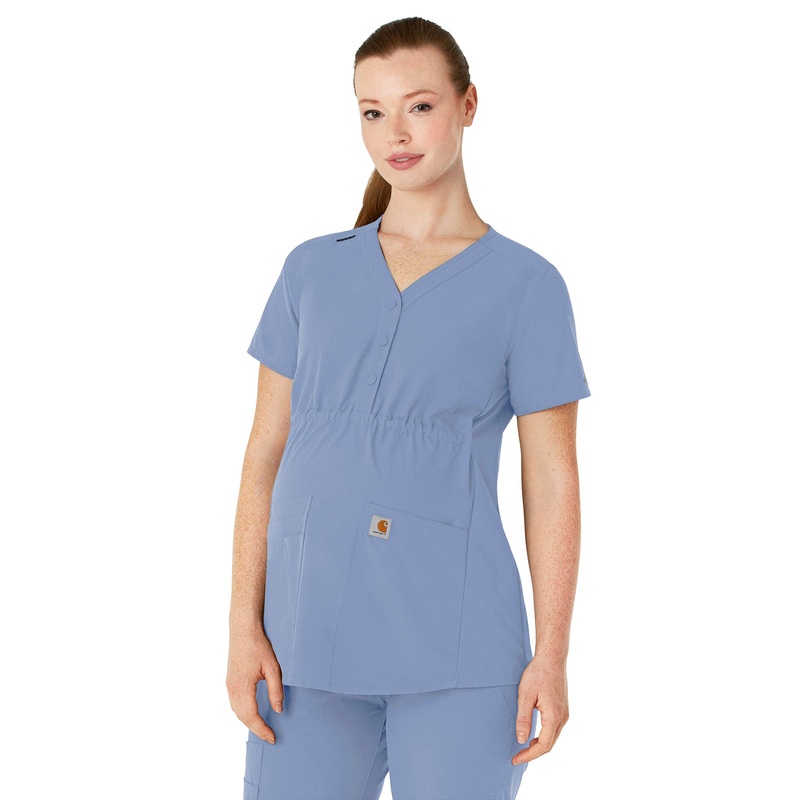 Women's Four-Pocket Henley Maternity Top - C14113 - Ceil Blue