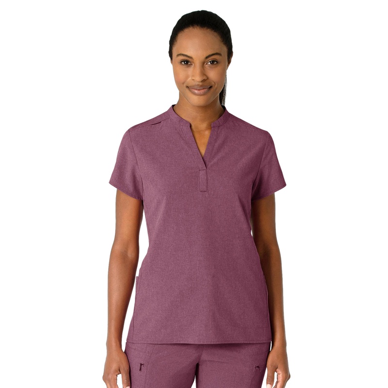 Women's Four-Pocket Mandarin Collar Top - 6734 - Wine Heather