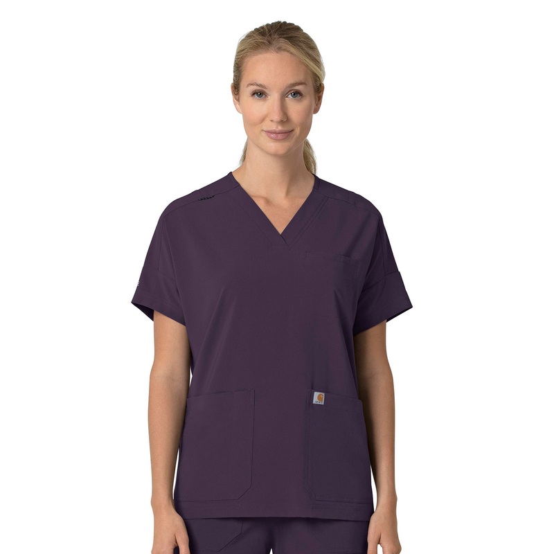Women's Four-Pocket Oversized V-Neck Top - C13110 - Black Plum