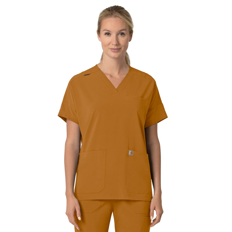 Women's Four-Pocket Oversized V-Neck Top - C13110 - Fox Brown