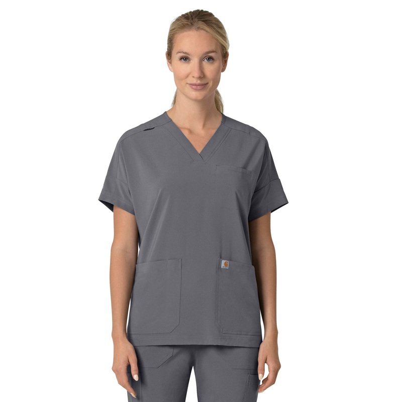 Women's Four-Pocket Oversized V-Neck Top - C13110 - Pewter