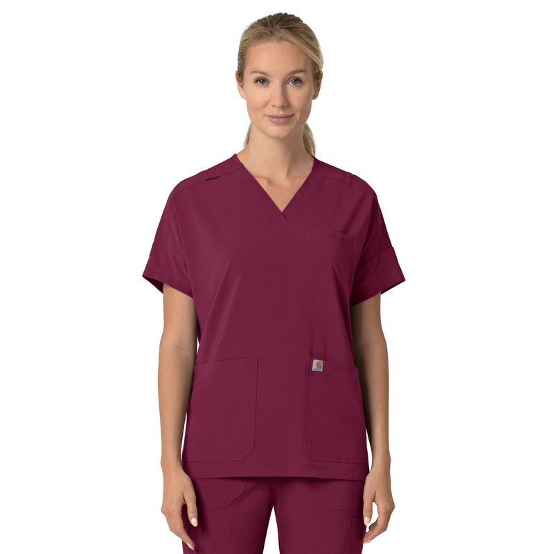 Women's Four-Pocket Oversized V-Neck Top - C13110 - Wine