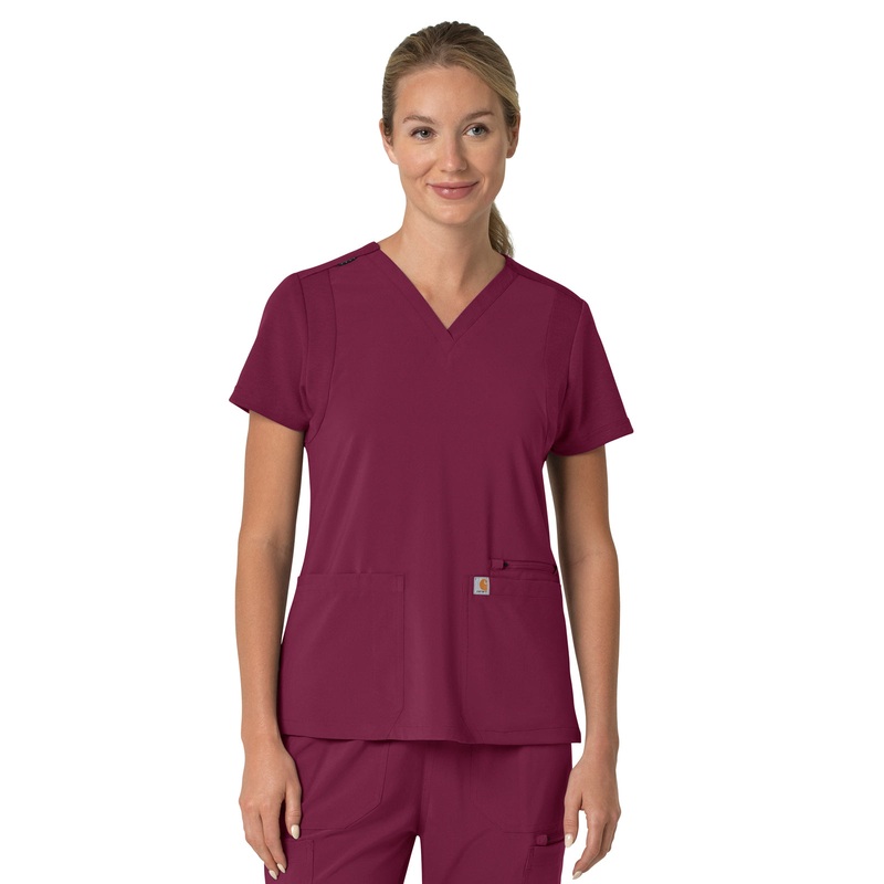 Women's Three-Pocket Flex Panel V-Neck Top - C13210 - Wine