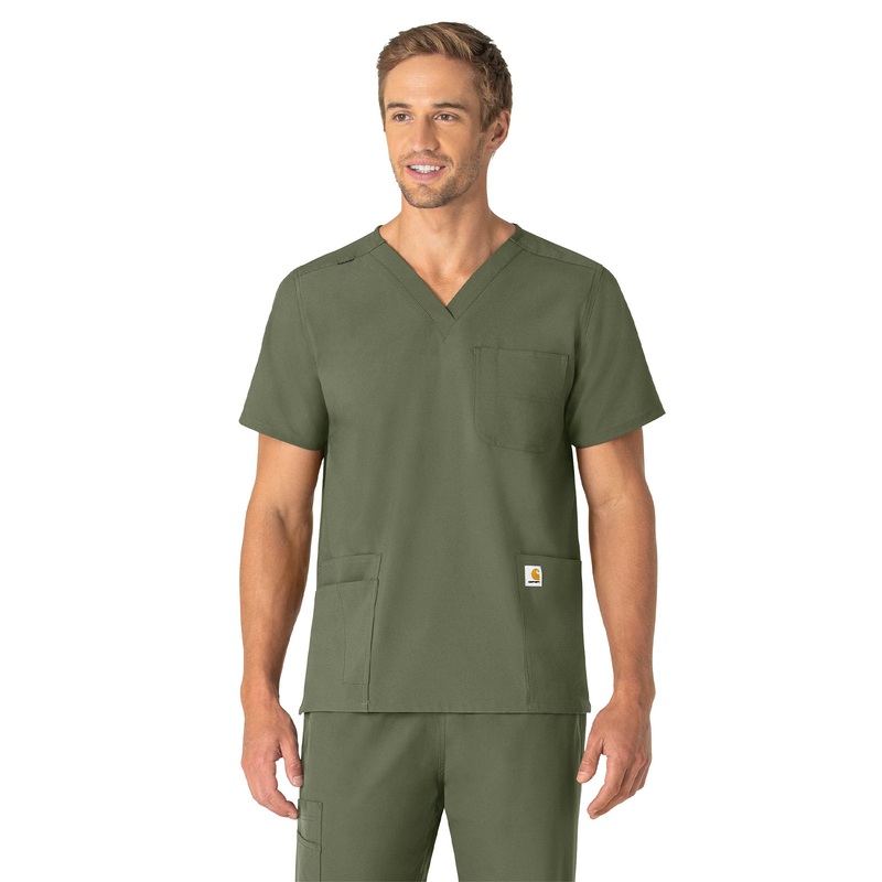 Unisex Seven-Pocket Modern Fit V-Neck Top - C15013 - Olive