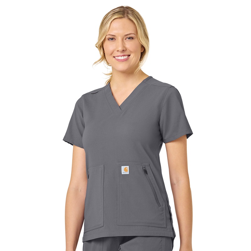 Women's Modern Fit 4-Pocket V-Neck Top - C12237 - Pewter