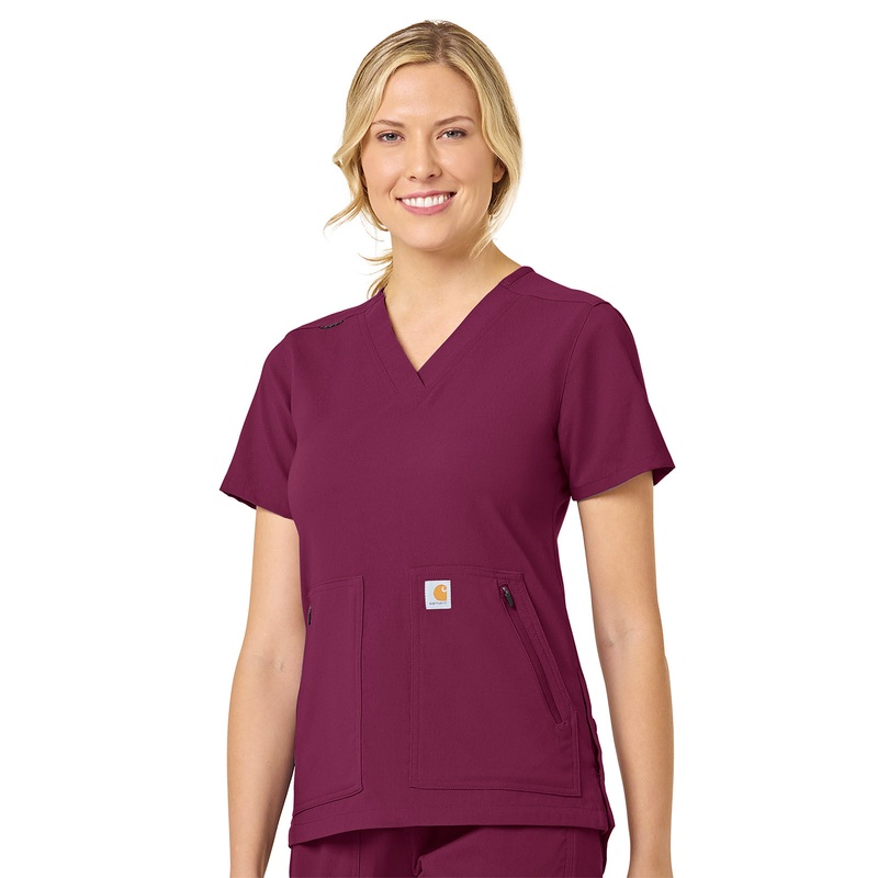 Women's Modern Fit 4-Pocket V-Neck Top - C12237 - Wine