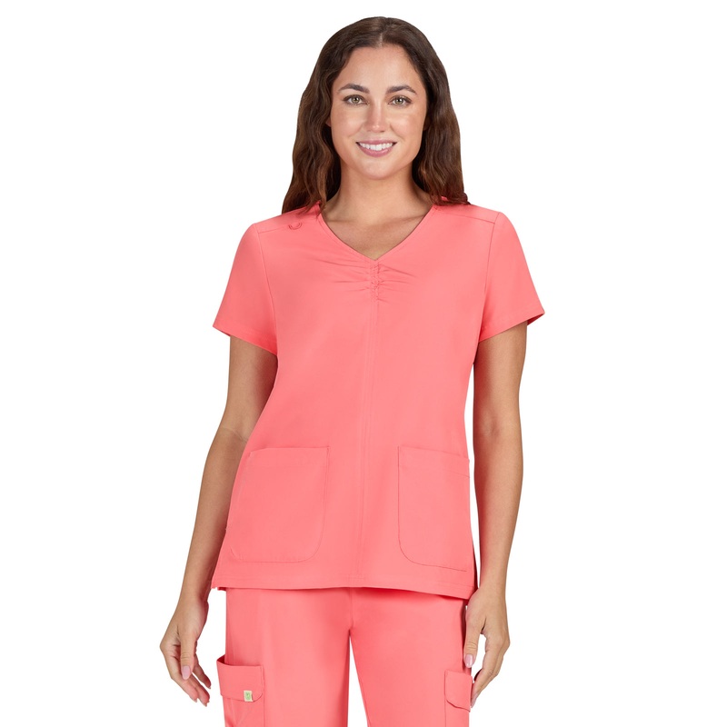 Women's Shirred Chest V-Neck Enik Top - 1121 - Sunset Coral