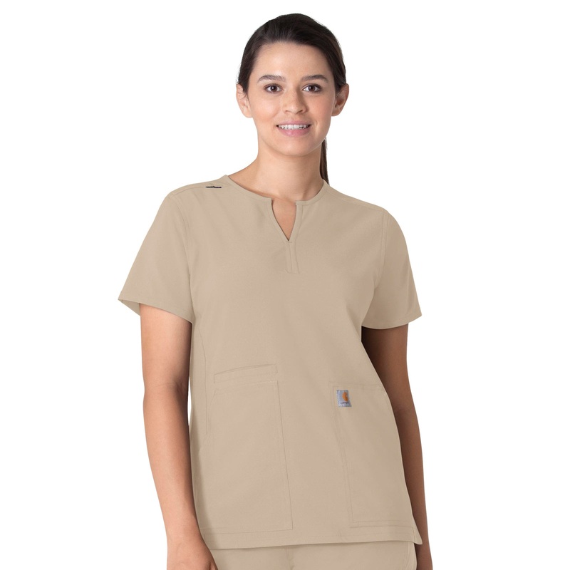 Women's Three-Pocket Modern Fit Notch Neck Top - C12213 - Khaki