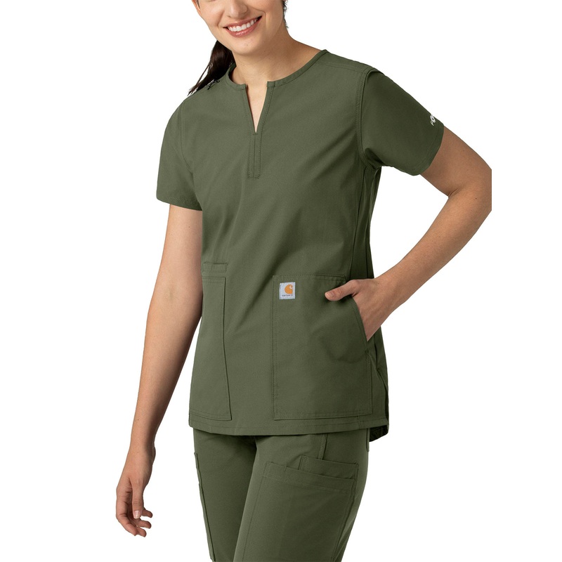 Women's Three-Pocket Modern Fit Notch Neck Top - C12213 - Olive