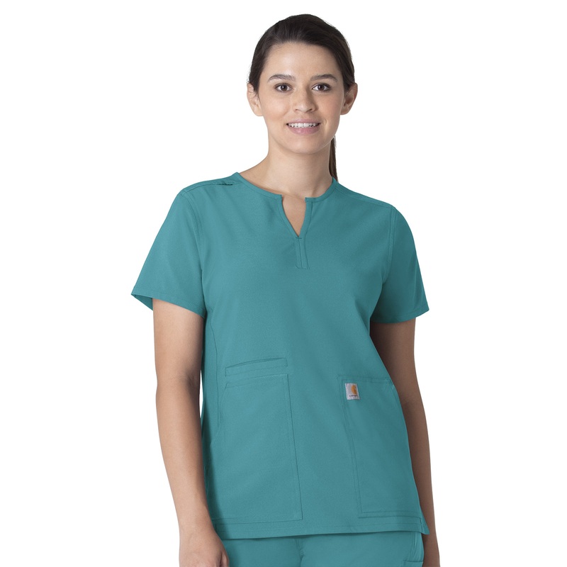 Women's Three-Pocket Modern Fit Notch Neck Top - C12213 - Teal Blue