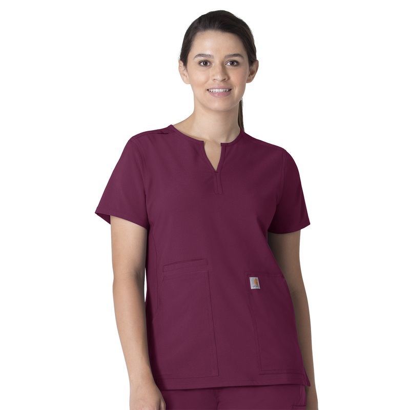 Women's Three-Pocket Modern Fit Notch Neck Top - C12213 - Wine