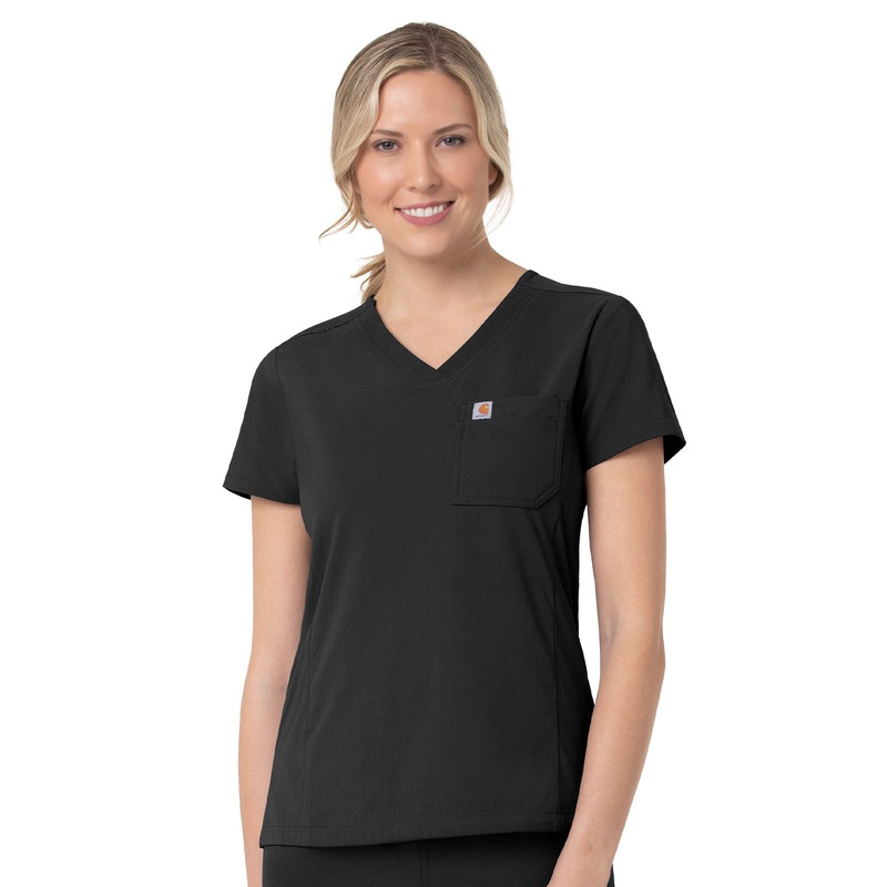 Women's Two-Pocket V-Neck Top - C12137 - Black