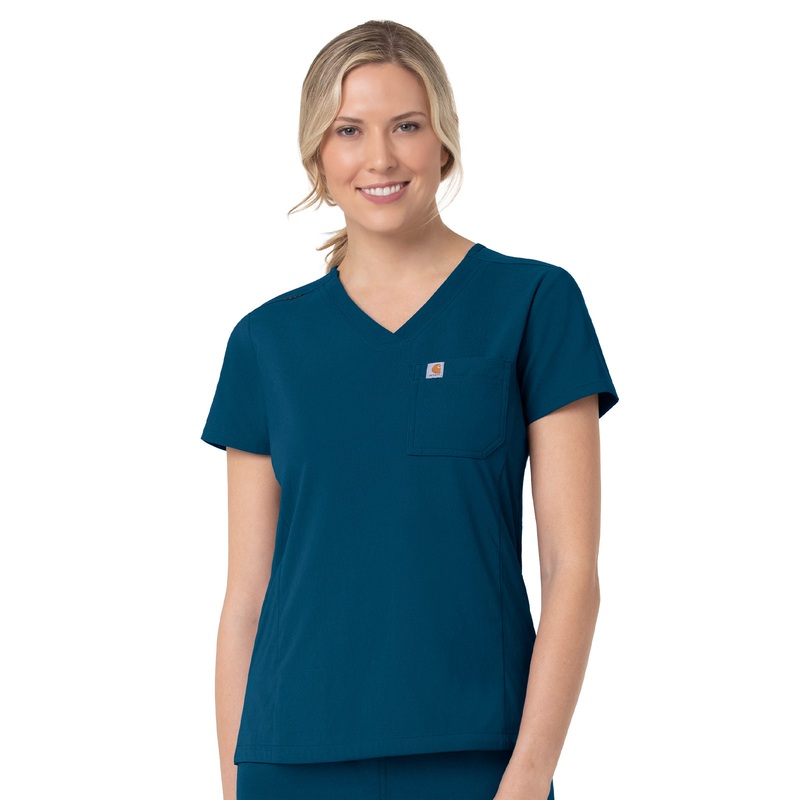 Women's Two-Pocket V-Neck Top - C12137 - Caribbean