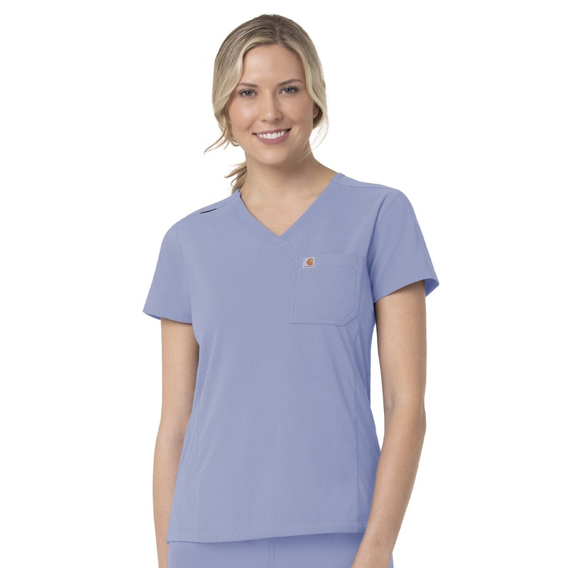 Women's Two-Pocket V-Neck Top - C12137 - Ceil Blue
