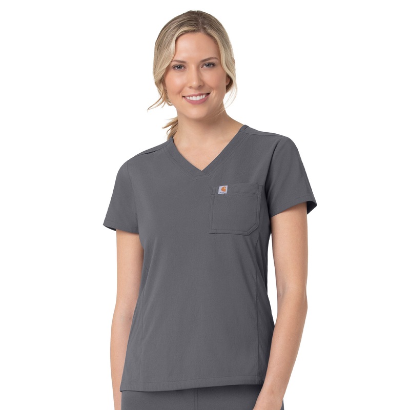 Women's Two-Pocket V-Neck Top - C12137 - Pewter