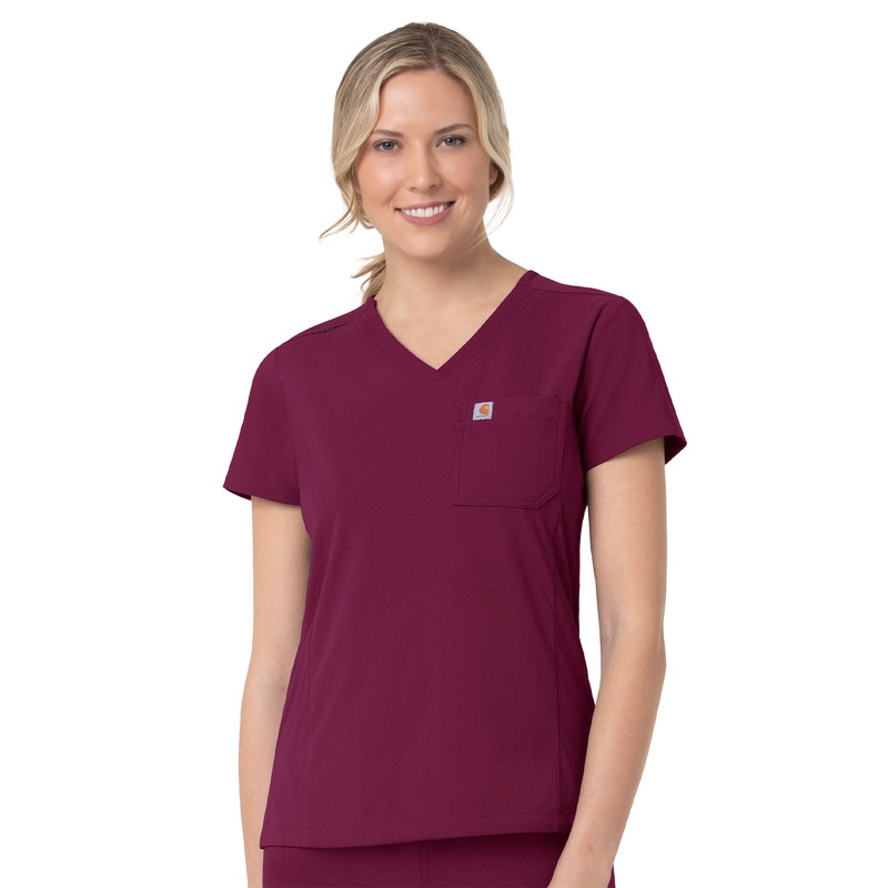 Women's Two-Pocket V-Neck Top - C12137 - Wine