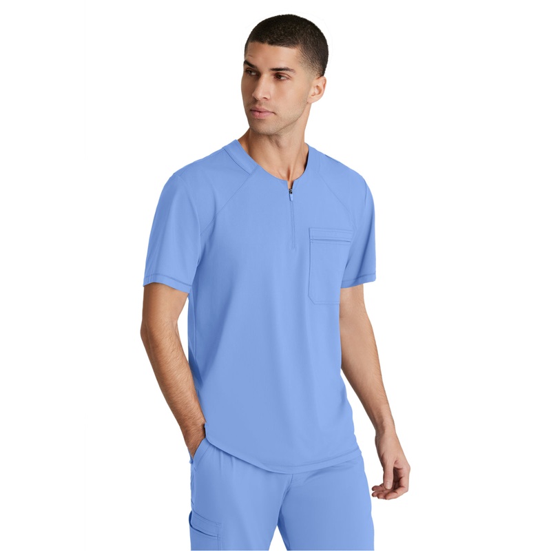 Men's Single Pocket Curved Neck Flex Top - SKT229 - Ciel Blue