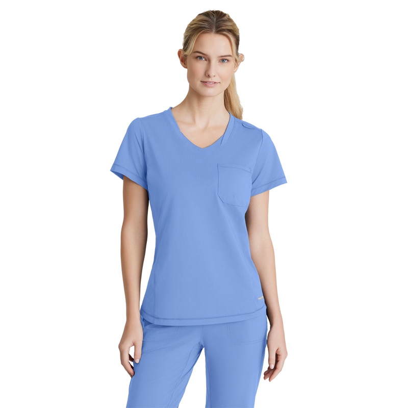Women's 1 Pocket Tulip Hem Flow Top - SKT221 - Ciel Blue