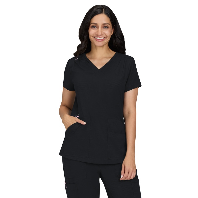 Women's Ribbed V-Neck 4-Pocket Sari Top - 1129 - Black