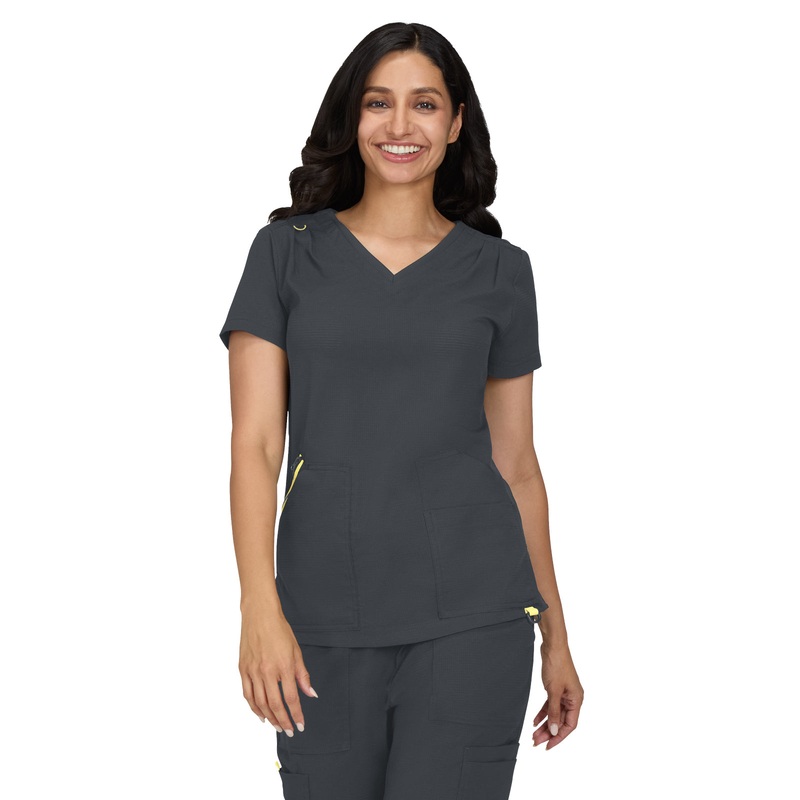 Women's Ribbed V-Neck 4-Pocket Sari Top - 1129 - Charcoal