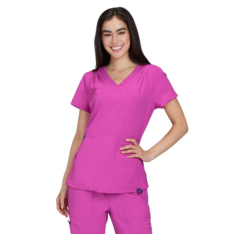 Women's Ribbed V-Neck 4-Pocket Sari Top - 1129 - Hibiscus Pink