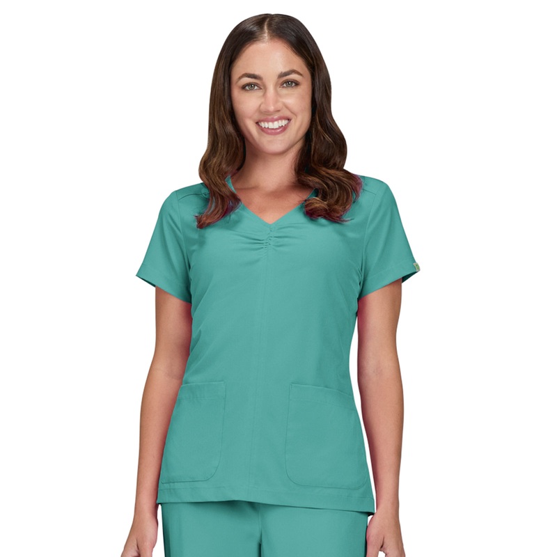 Women's Shirred Chest V-Neck Enik Top - 1121 - Waterfall Blue