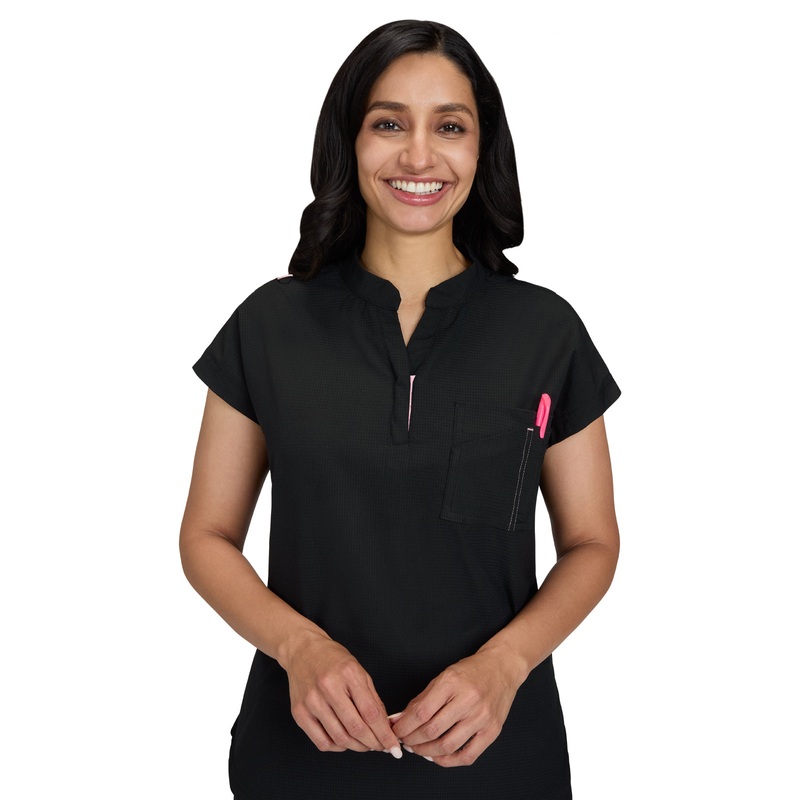 Women's Zipper Neck Combo Chest Pocket Catrin Top - 1131 - Black