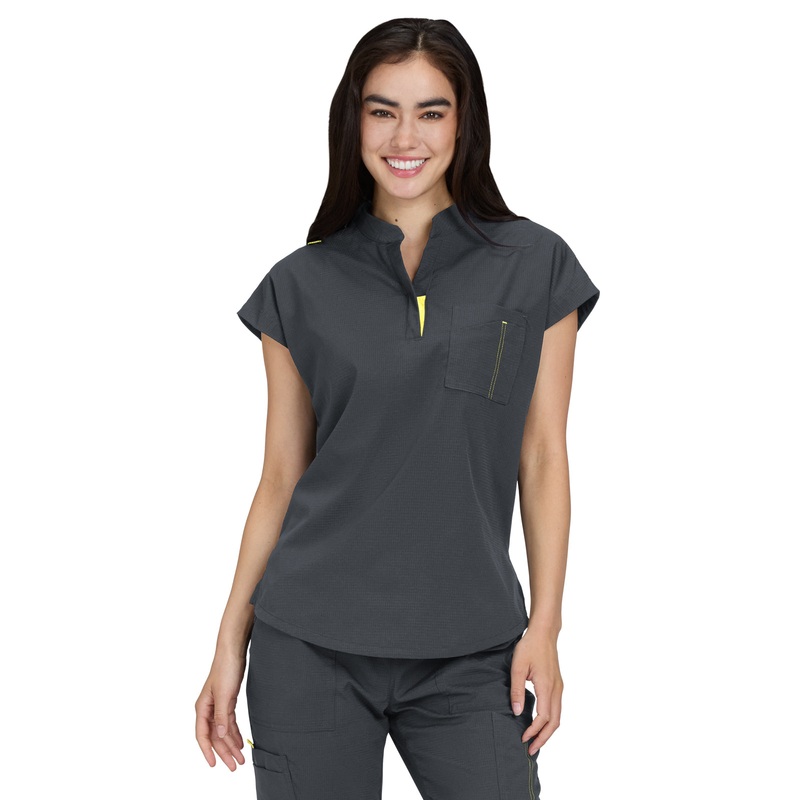 Women's Zipper Neck Combo Chest Pocket Catrin Top - 1131 - Charcoal