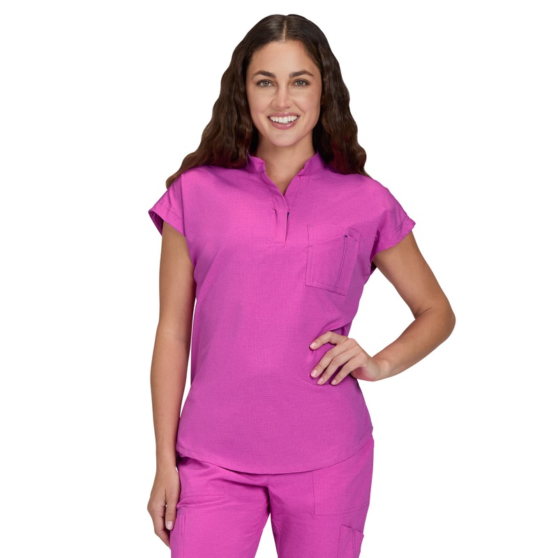 Women's Zipper Neck Combo Chest Pocket Catrin Top - 1131 - Hibiscus Pink