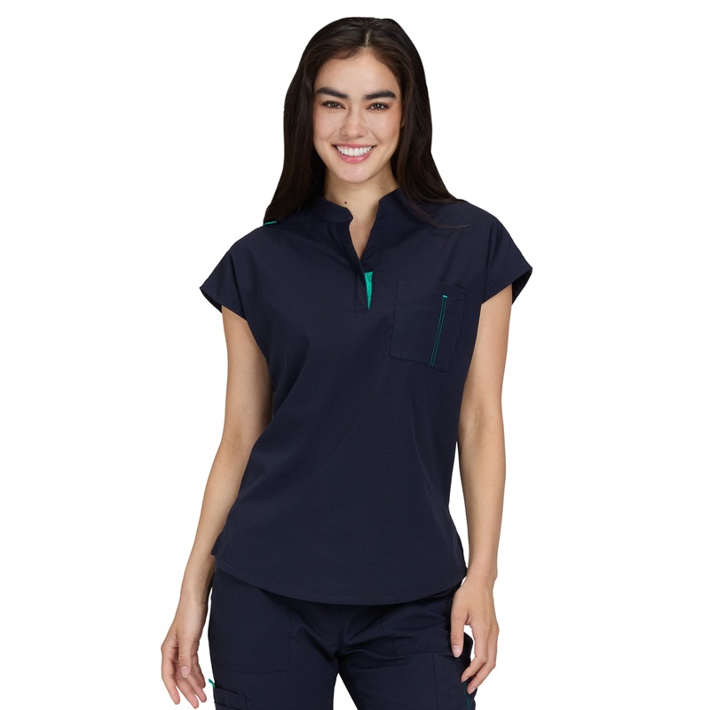 Women's Zipper Neck Combo Chest Pocket Catrin Top - 1131 - Navy