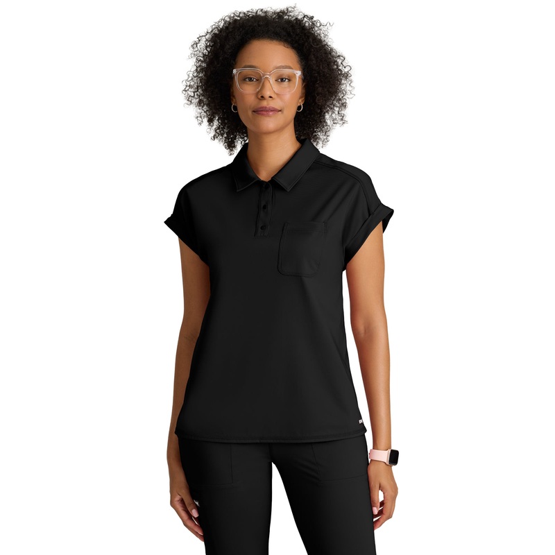 Women's One Pocket Polo Neck Renew Top - GRST254 - Black