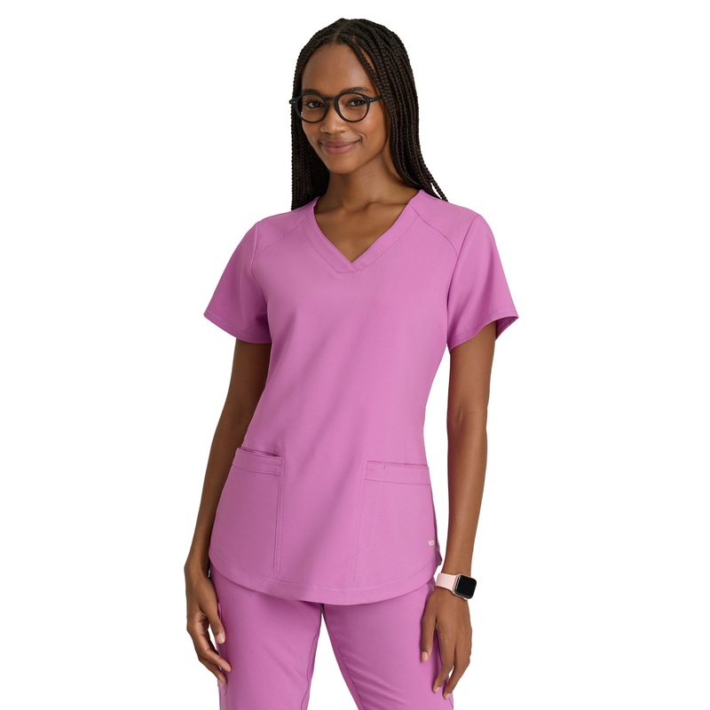 Women's Two-Pocket Piped V-Neck Rhythm Top - GSST180 - Twilight Mauve