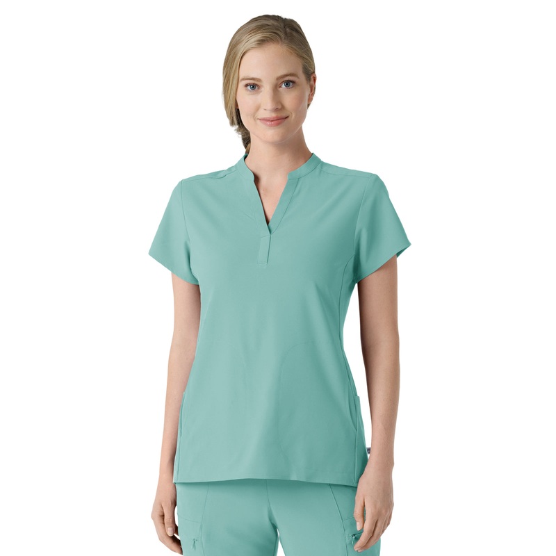 Women's Four-Pocket Mandarin Collar Top - 6734 - Turquoise