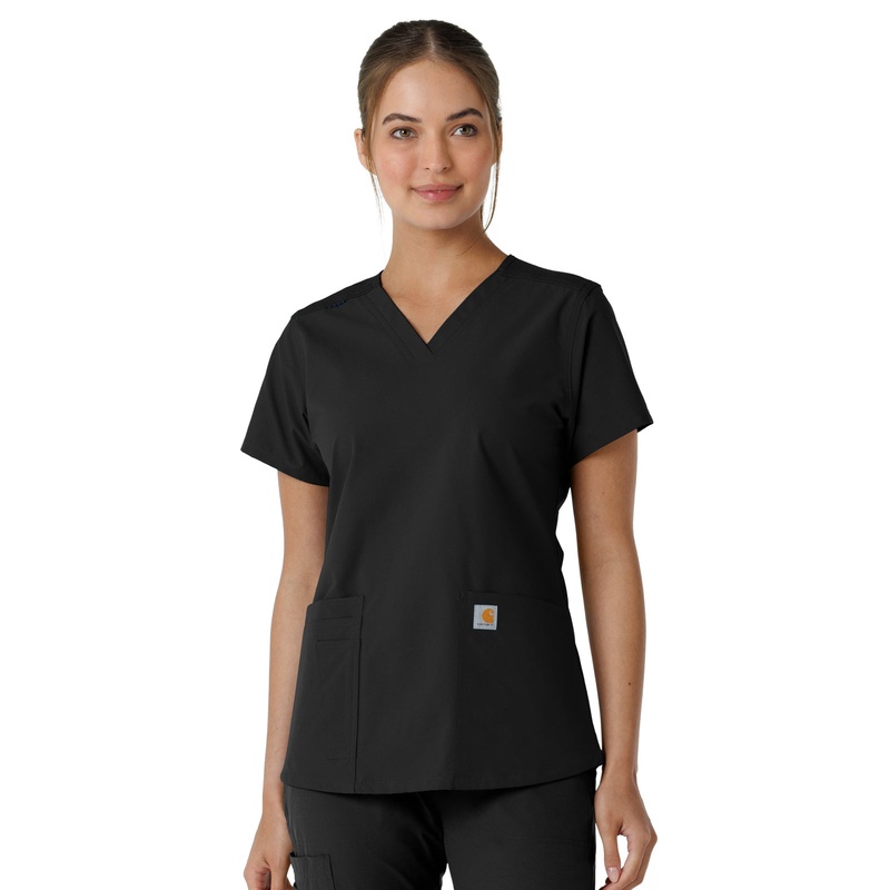 Women's Four-Pocket V-Neck Knit Panel Top - C12313 - Black