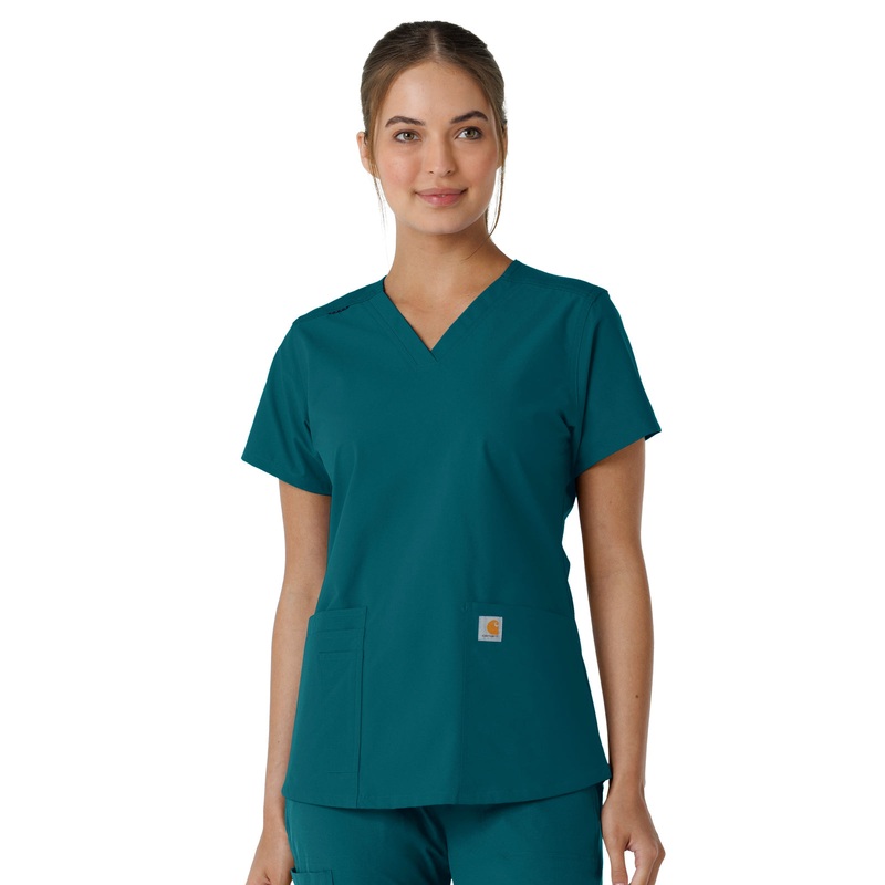 Women's Four-Pocket V-Neck Knit Panel Top - C12313 - Caribbean