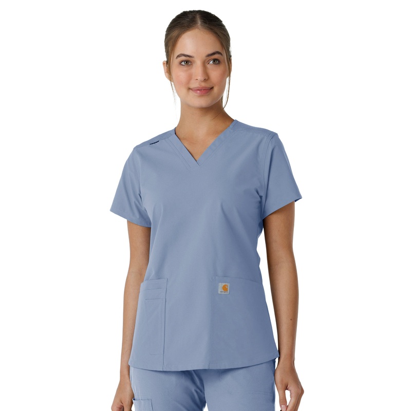 Women's Four-Pocket V-Neck Knit Panel Top - C12313 - Ceil Blue
